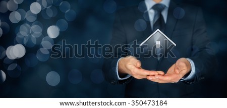 Real estate agent offer house. Property insurance and security concept. Wide banner composition with bokeh background. Royalty-Free Stock Photo #350473184