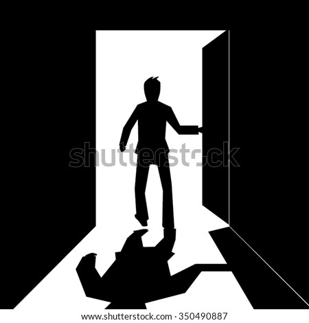 silhouette of a business man open and walking out  the door-black and white vector Royalty-Free Stock Photo #350490887