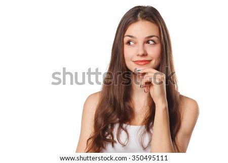 Young beautiful woman thinking looking to the side at blank copy space, isolated over white background Royalty-Free Stock Photo #350495111