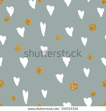 Hand drawn seamless  pattern with white hearts and golden glitter dots.