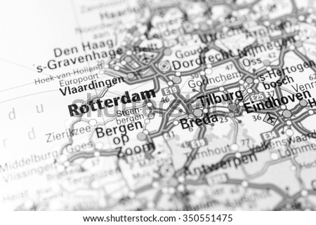 Macro view of Rotterdam, Netherlands on map. (black and white)