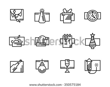 Set of black simple line style vector icon for New Year and Christmas. Winter holidays. Party and celebration symbols. Design elements for website, mobile app.