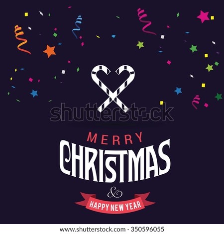 Christmas Greetings in Candy Cane Background. Flat greeting Card Vector Illustration. Flowing confetti and streamers backgound