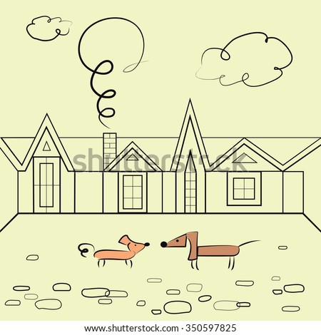 Vector graphic image of two dogs in background of landscape with houses and clouds