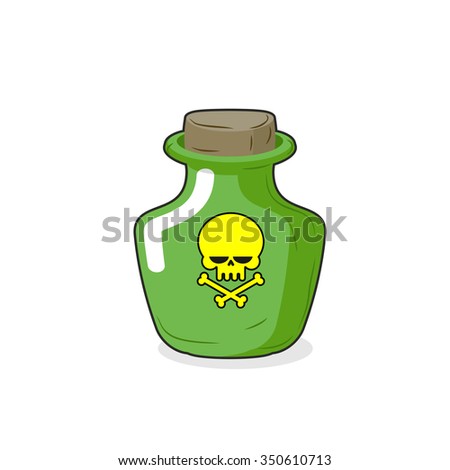 Magic Bottle with a skull. Medical bubble with a poisonous liquid. Glass flacon with stopper.   Poison jar