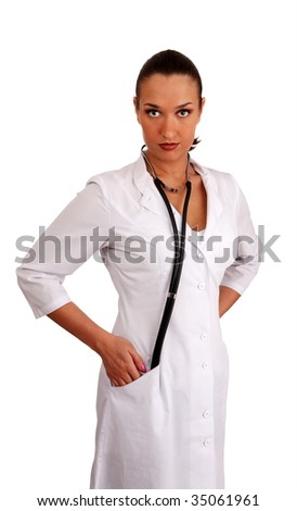 woman therapeutics doctor with stethoscope on white background