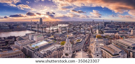 Panoramic skyline view of south and west London at sunset with beautiful clouds - England, UK