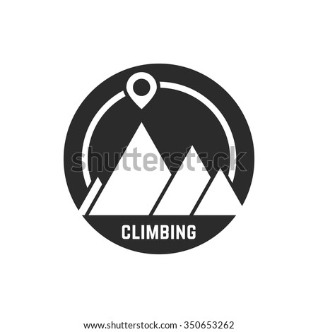 climbing logo with map pin. concept of rappelling, alpinism, visual identity, vacation, mission, challenge. isolated on white background. flat style trend modern logotype design vector illustration