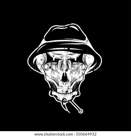 fishing club grunge emblem with skull in panama hat