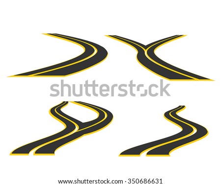 Road  sign / icon vector illustration. Road or highway symbol set.4 Paved roads shapes with hairpin curve disappearing into the distance. Clip art / design elements for transportation design, travel.