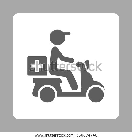 Painkiller Motorbike Delivery vector icon. Style is flat rounded square button, dark gray and white colors, silver background.