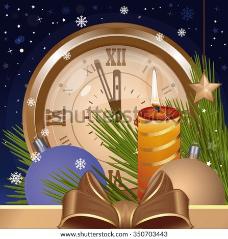 Celebratory vector background with gold ribbon and bow for Christmas and New Year.clock, fir branches, falling snow and burning candle against the night winter sky.