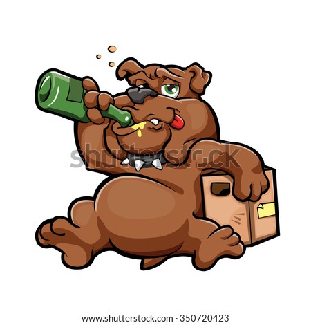 illustration of cartoon drunk dog with alcohol bottle