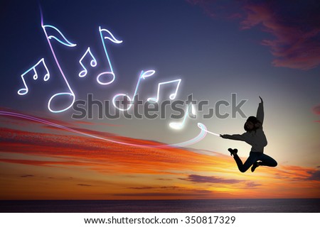 Young girl jumping high in sky and drawing music concept