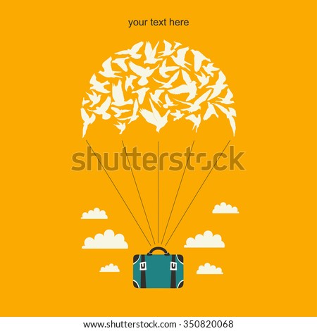 Parachute with birds and suitcase.