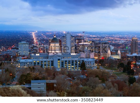 Panorama of the night in Salt Lake City in the winter before Christmas, Utah, USA
