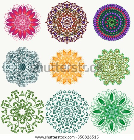 Set of color ethnic ornamental floral patterns. Hand drawn mandalas. Orient traditional background. Lace circular ornaments. Ethnic, Indian, Islamic, Asian, ottoman, Arabic motif. Vector illustration