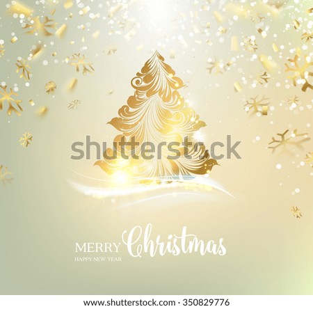 Christmas tree with sparks and confetti isolated over gray. Merry Christmas greeting card. Vector illustration. 