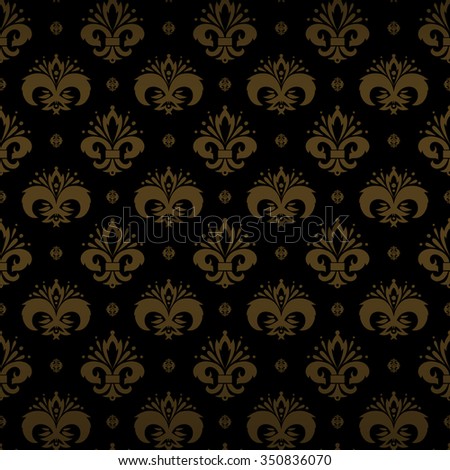 Luxe royal seamless pattern with golden floral heraldic styled fleur de lys, lily ornament elements on deep black shining background. Elegant texture for wallpapers, curtains