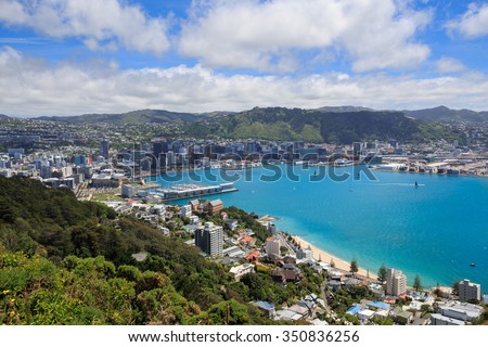Wellington City harbor and downtown. Buildings are in central business district. Royalty-Free Stock Photo #350836256