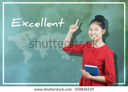 The word "Excellent" and cute Asian girl against chalkboard