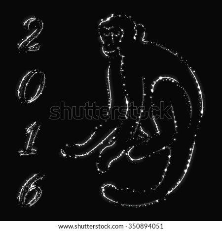 Monkey silhouette and 2016 of white lights on dark background
