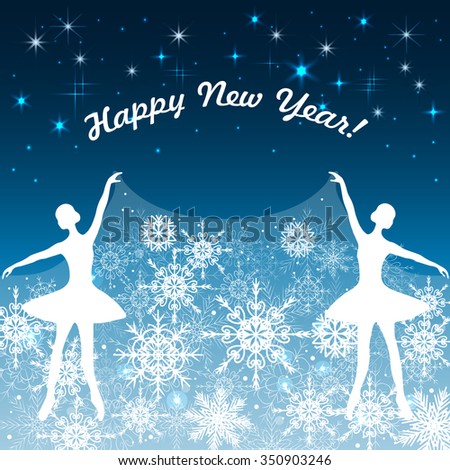 Christmas and New Year greeting card with tender ballerinas holding a snow cover.