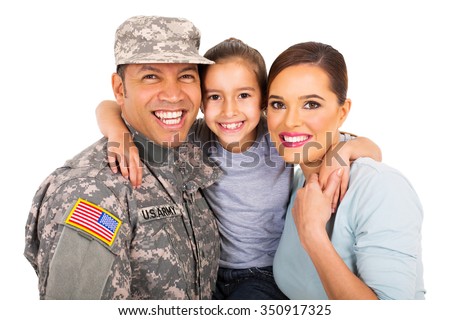 portrait of beautiful young military family on white background