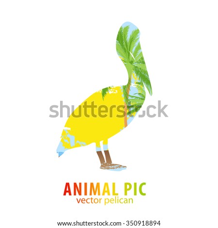 Double exposure illustration of pelican and palm trees