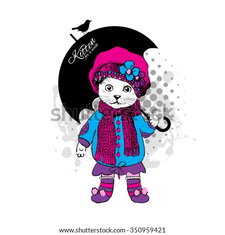 Vector cat in a pink beret with umbrella and bird. Kitty for a walk. White cat in a dress and shoes. Blue, pink, violet, black.
