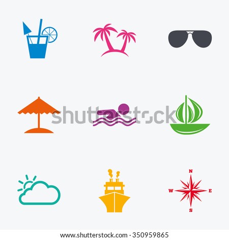 Cruise trip, ship and yacht icons. Travel, cocktails and palm trees signs. Sunglasses, windrose and swimming symbols. Flat colored graphic icons.