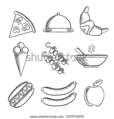 Food icons with a slice of pizza, dome, apple, ice cream cone, kebabs, hot dog, sausages, a croissant and a bowl of hot food. Sketch style icons