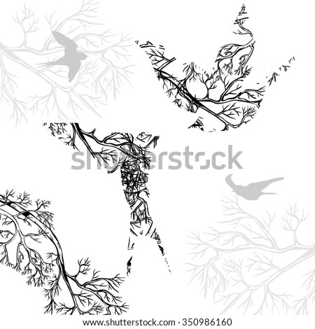 Silhouettes of couple flying birds, tree branches, monochrome. It contains clipping mask.