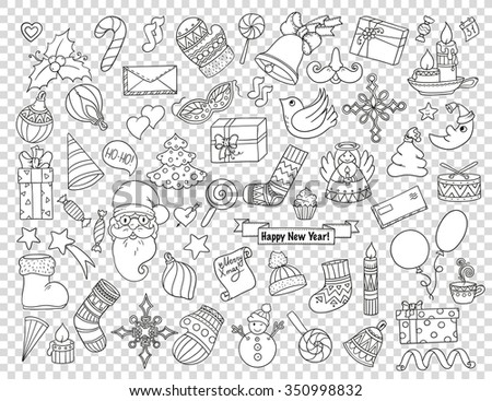 Winter doodles set. Design icon elements: balloon, bells, sweets, christmas socks, gift, mittens, tree, star, candle, bird, snowman, ball, bow, heart and Santa Claus on transparent background.