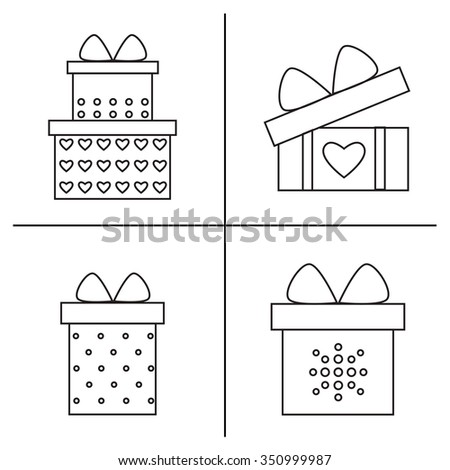 Gift boxes set. Gift isolated icons on background. Present box. Present gift. Birthday presents. Holiday presents. Christmas presents. Flat line style vector illustration. 