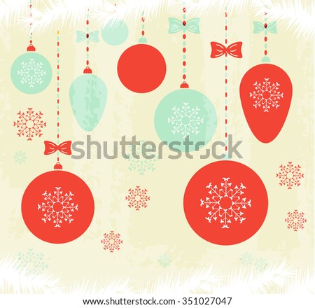Christmas, retro poster, background, backdrop, card with simple hanging decorations - balls with bows, beautiful blue and red snowflakes, white conifer twigs, text Merry Christmas