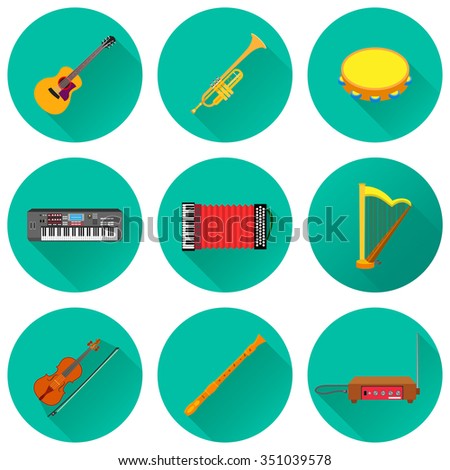 Vector illustration of musical instruments set. Flat style with shadows. Circles.