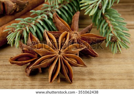 spices and branch of Christmas tree on wooden table