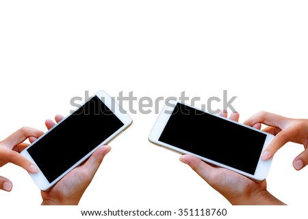 woman hand hold and touch screen smart phone,tablet,cellphone isolated on white , abstract background for mobile banking,online banking concept.
