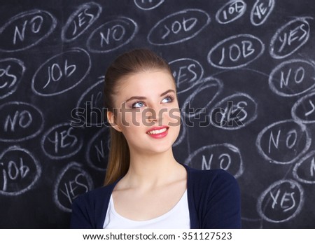 Thinking young woman with yes or no choice on grey background