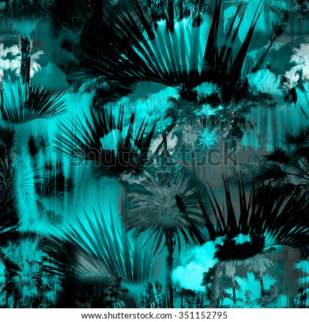 Blue tropical pattern seamless with black palm leaves on a palm background. Dark floral pattern. Palm trees backdrop. Photo collage clip-art with slow focus and layers effect.