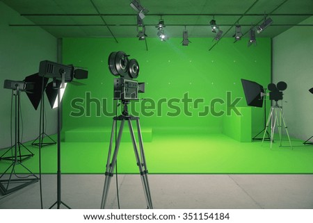Modern empty green photo studio with  old style movie camera 3D Render Royalty-Free Stock Photo #351154184