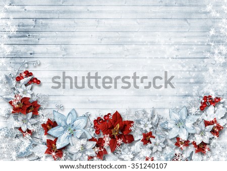Christmas border with poinsettia and winter flowers on vintage w