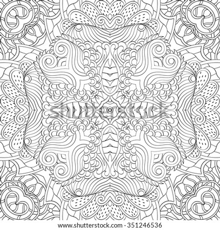 Tracery binary monochrome pattern. Mehendi carpet design. Neat even harmonious calming doodle texture. Also seamless. Indifferent discreet. Ambitious bracing usable, curved doodling mehndi. Vector.