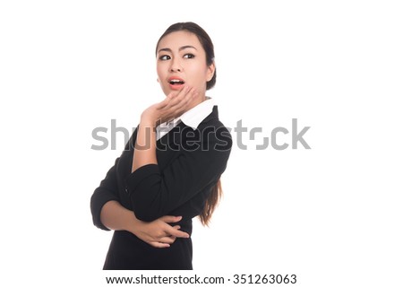 Happy surprised excited business asian woman with blank copy space,Closeup portrait beautiful Asian woman,Thai girl,Positive human emotion facial expression,isolated on white background