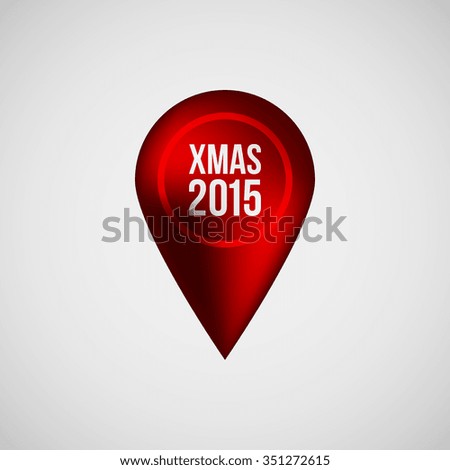 Red abstract map pointer badge, gps button with Merry Christmas, xmas text, realistic reflex and light background for logo, design concepts, banners, applications, apps, prints. Vector illustration.