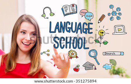 Language School concept with young woman in her home 