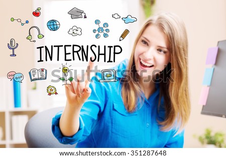 Internship concept with young woman in her home office