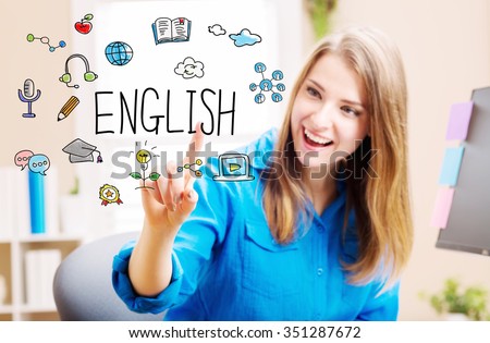 English concept with young woman in her home office Royalty-Free Stock Photo #351287672