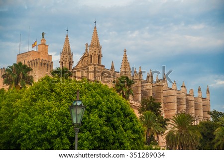 Cathedral of Palma de Mallorca viewed through lush greenery of the island. Big gothic church beside palm trees under the blue sky at sunset. Beautiful travel picture of Spain.